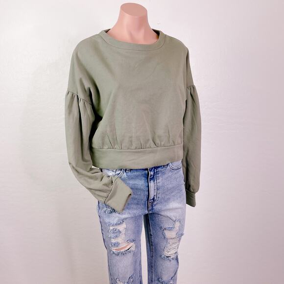Abound Drop Shoulder Puff Sleeve Cropped Sweatshirt Olive Sage Night size S NWT - Picture 1 of 12
